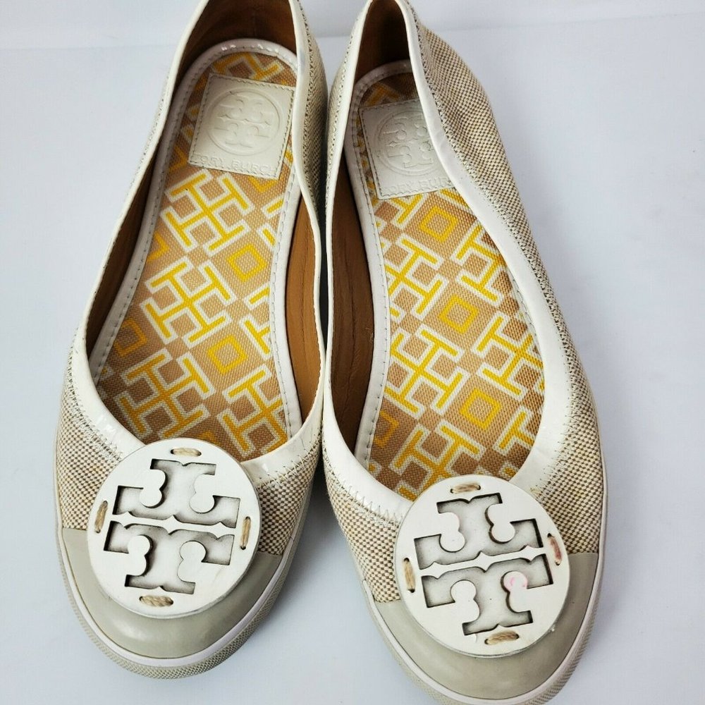 Tory Burch Flats 6.5 M Beige White Leather Flats